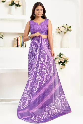 Purple printed linen pre draped  saree with blouse