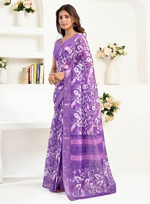 Purple printed linen pre draped  saree with blouse 4