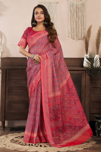 Red printed linen pre draped  saree with blouse