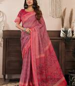 Red printed linen pre draped  saree with blouse