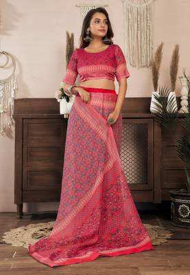 Red printed linen pre draped  saree with blouse 3