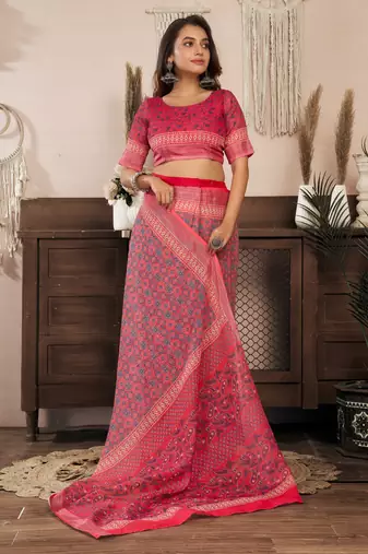 Red printed linen pre draped  saree with blouse