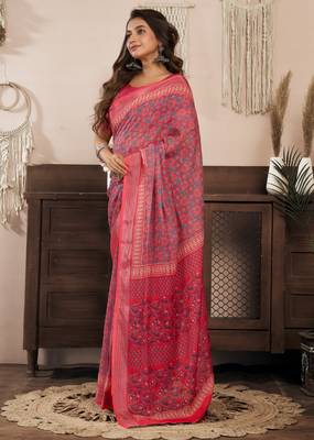 Red printed linen pre draped  saree with blouse 4