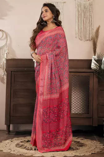 Red printed linen pre draped  saree with blouse