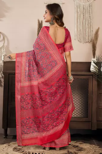 Red printed linen pre draped  saree with blouse