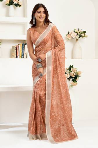 Rust brown printed linen pre draped  saree with blouse