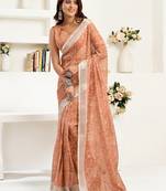 Rust brown printed linen pre draped  saree with blouse