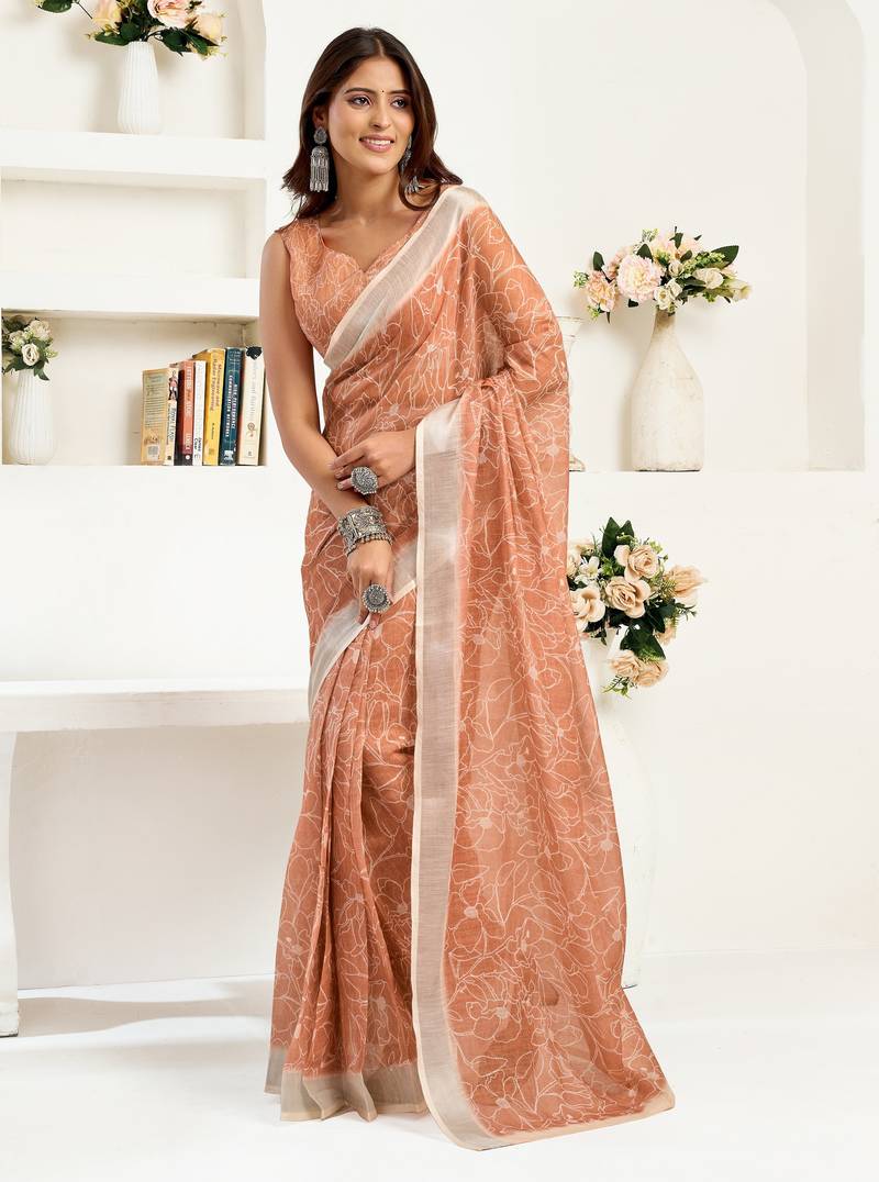 Rust brown printed linen pre draped  saree with blouse