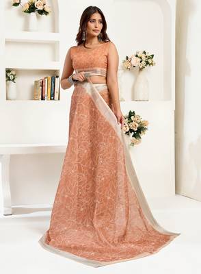 Rust brown printed linen pre draped  saree with blouse 3