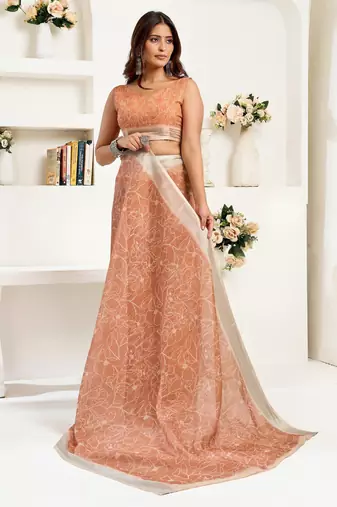 Rust brown printed linen pre draped  saree with blouse