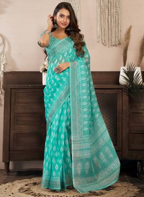 Turquoise blue printed linen pre draped  saree with blouse 1