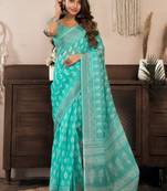 Turquoise blue printed linen pre draped  saree with blouse