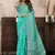 Turquoise blue printed linen pre draped  saree with blouse