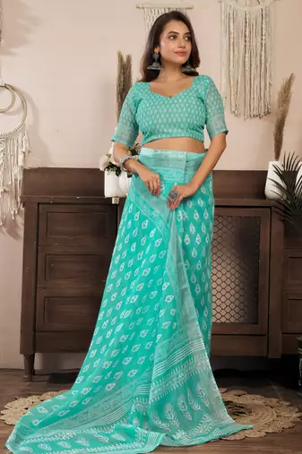 Turquoise blue printed linen pre draped  saree with blouse