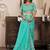 Turquoise blue printed linen pre draped  saree with blouse