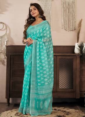 Turquoise blue printed linen pre draped  saree with blouse 4