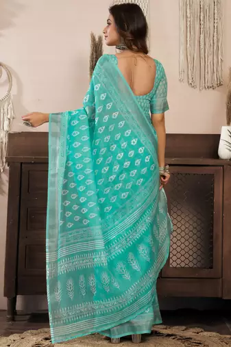 Turquoise blue printed linen pre draped  saree with blouse