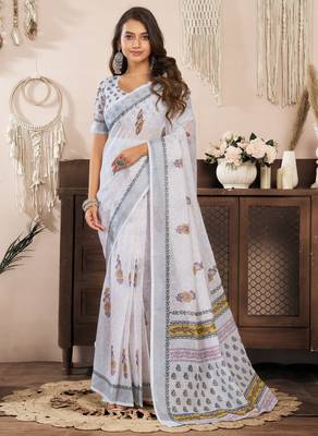 White printed linen pre draped  saree with blouse 1