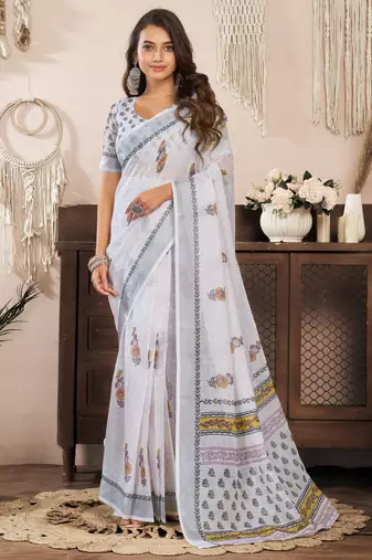 White printed linen pre draped  saree with blouse