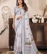 White printed linen pre draped  saree with blouse