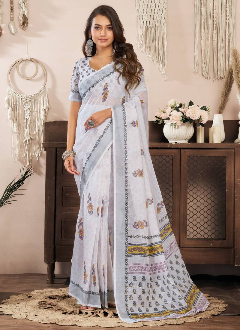 White printed linen pre draped  saree with blouse
