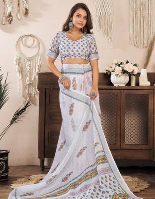 White printed linen pre draped  saree with blouse 3