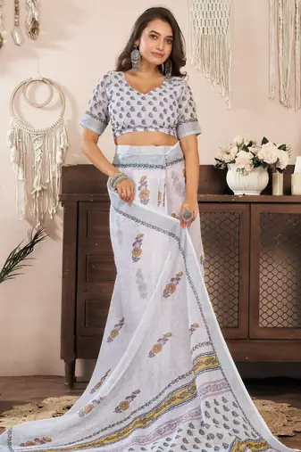 White printed linen pre draped  saree with blouse