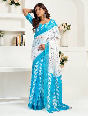 White, blue printed linen pre draped  saree with blouse 1