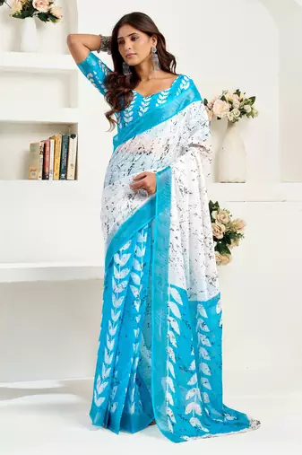 White, blue printed linen pre draped  saree with blouse