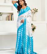 White, blue printed linen pre draped  saree with blouse