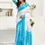 White, blue printed linen pre draped  saree with blouse