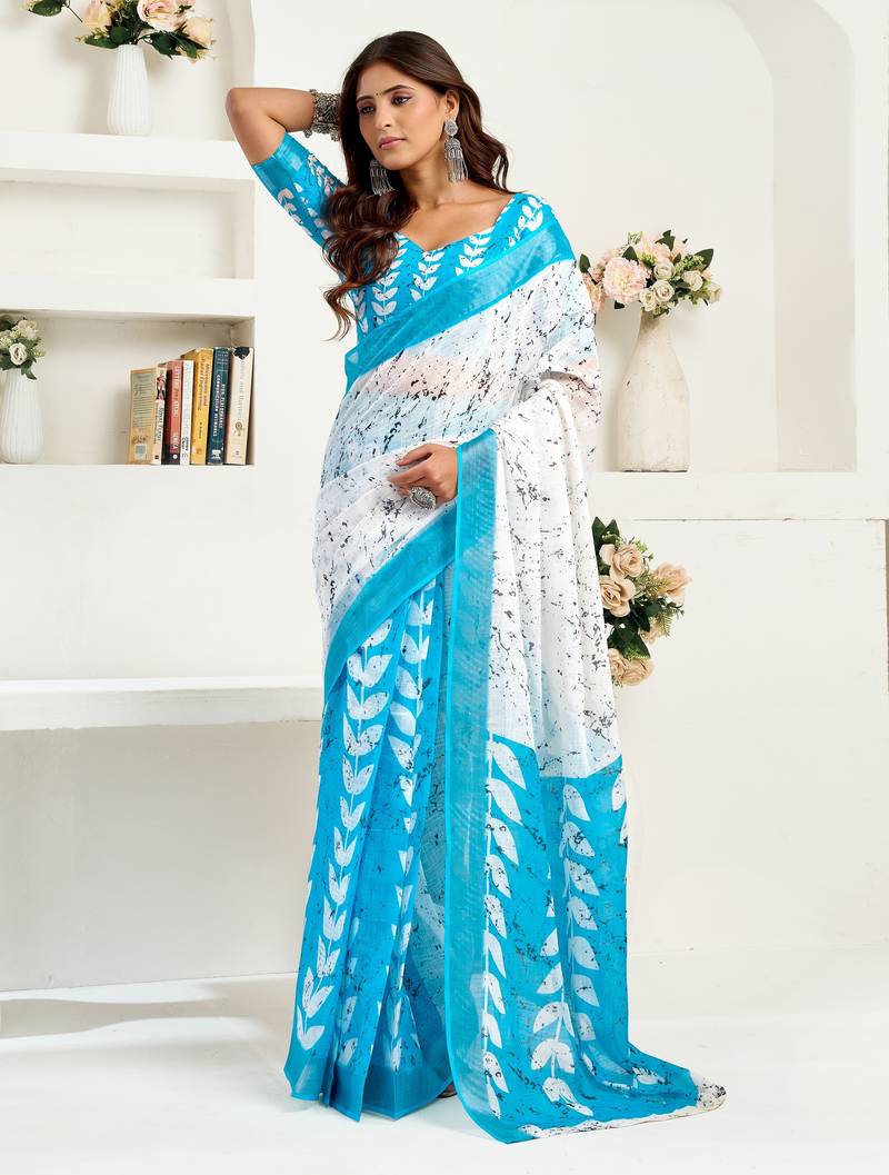White, blue printed linen pre draped  saree with blouse