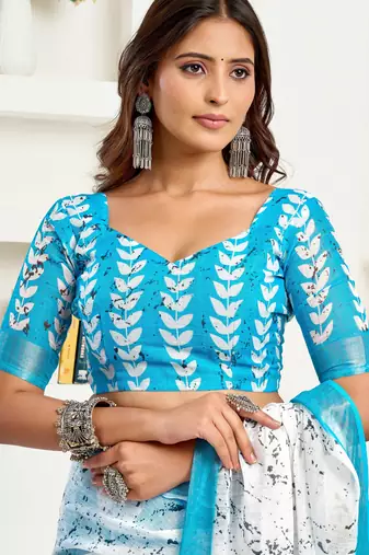 White, blue printed linen pre draped  saree with blouse