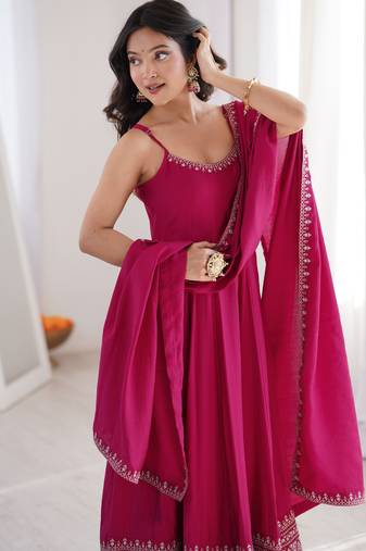 Graceful sleeveless anarkali suit with intricate hem embroidery