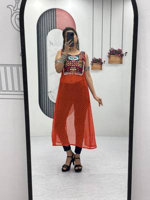 Orange georgette bandhej full-stitch kedya top 1