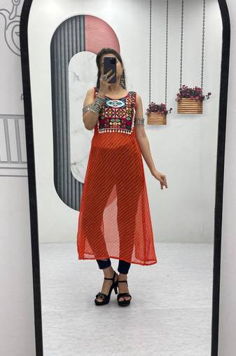 Orange georgette bandhej full-stitch kedya top