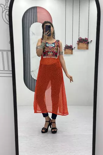 Orange georgette bandhej full-stitch kedya top