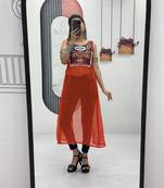 Orange color georgette bandhej full-stitch kedya top