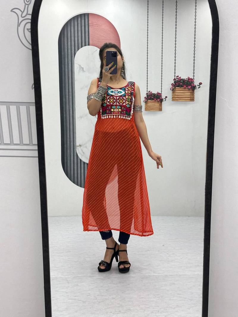 Orange color georgette bandhej full-stitch kedya top