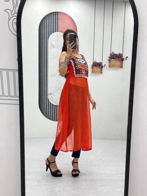 Orange georgette bandhej full-stitch kedya top 2