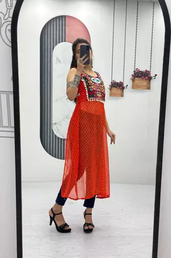 Orange georgette bandhej full-stitch kedya top