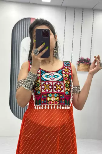 Orange georgette bandhej full-stitch kedya top