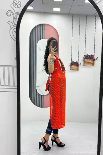 Orange georgette bandhej full-stitch kedya top