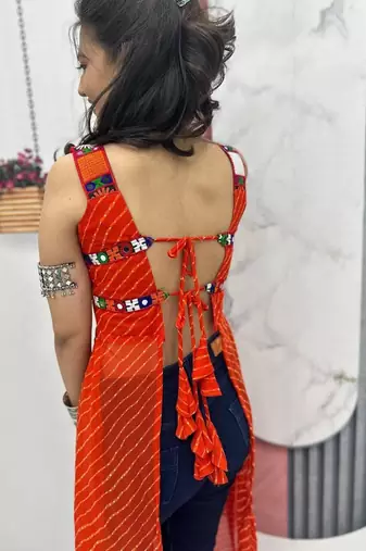 Orange georgette bandhej full-stitch kedya top