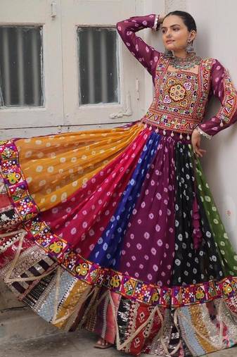 NAVRATRI WEAR MULTI GEORGETTE PRINT GAMTHI EMBELLISHED WORK LEHENGA TOP FULL-STITCHED