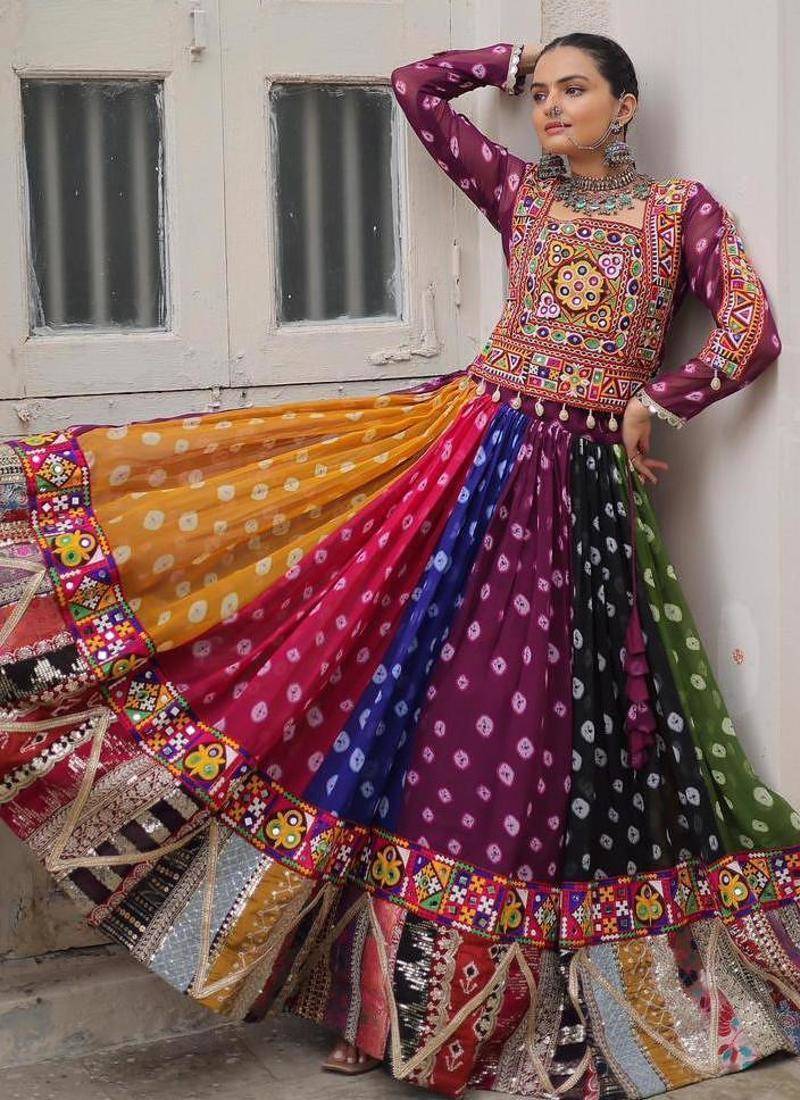 NAVRATRI WEAR MULTI COLOR GEORGETTE PRINT GAMTHI EMBELLISHED WORK LEHENGA TOP FULL-STITCHED.