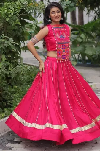 NAVRATRI WAER PINK ROMAN WITH GOTTA PATTI LACE LEHENGA TOP FULL STITCHED.