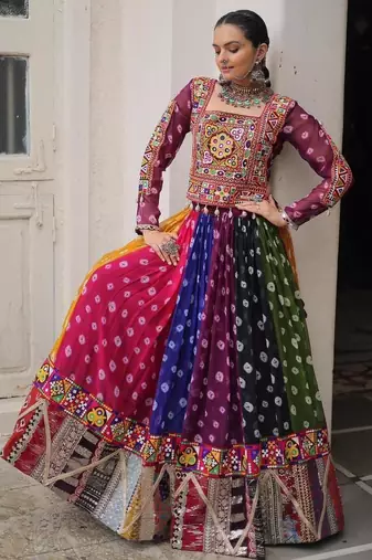 NAVRATRI WEAR MULTI GEORGETTE PRINT GAMTHI EMBELLISHED WORK LEHENGA TOP FULL-STITCHED