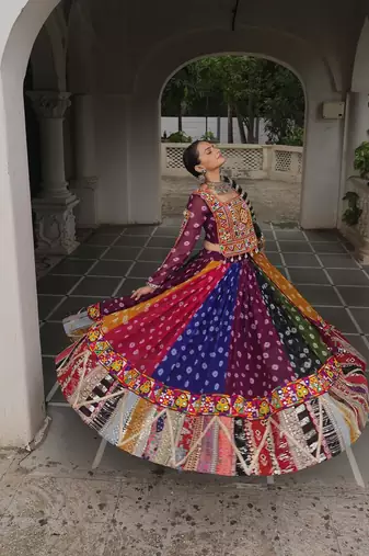 NAVRATRI WEAR MULTI GEORGETTE PRINT GAMTHI EMBELLISHED WORK LEHENGA TOP FULL-STITCHED