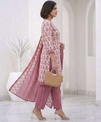 Pink printed cotton blend stitched floral print salwar kurta dupatta for women 2